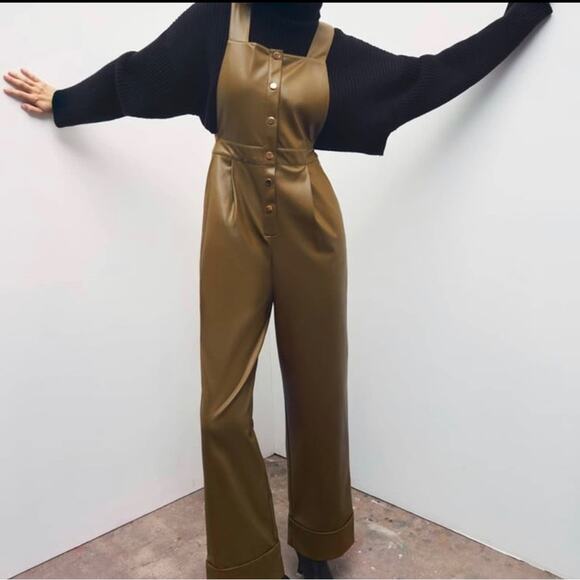 ZARA BLOGGER FAVORITE FAUX LEATHER LONG JUMPSUIT KHAKI - Picture 8 of 12